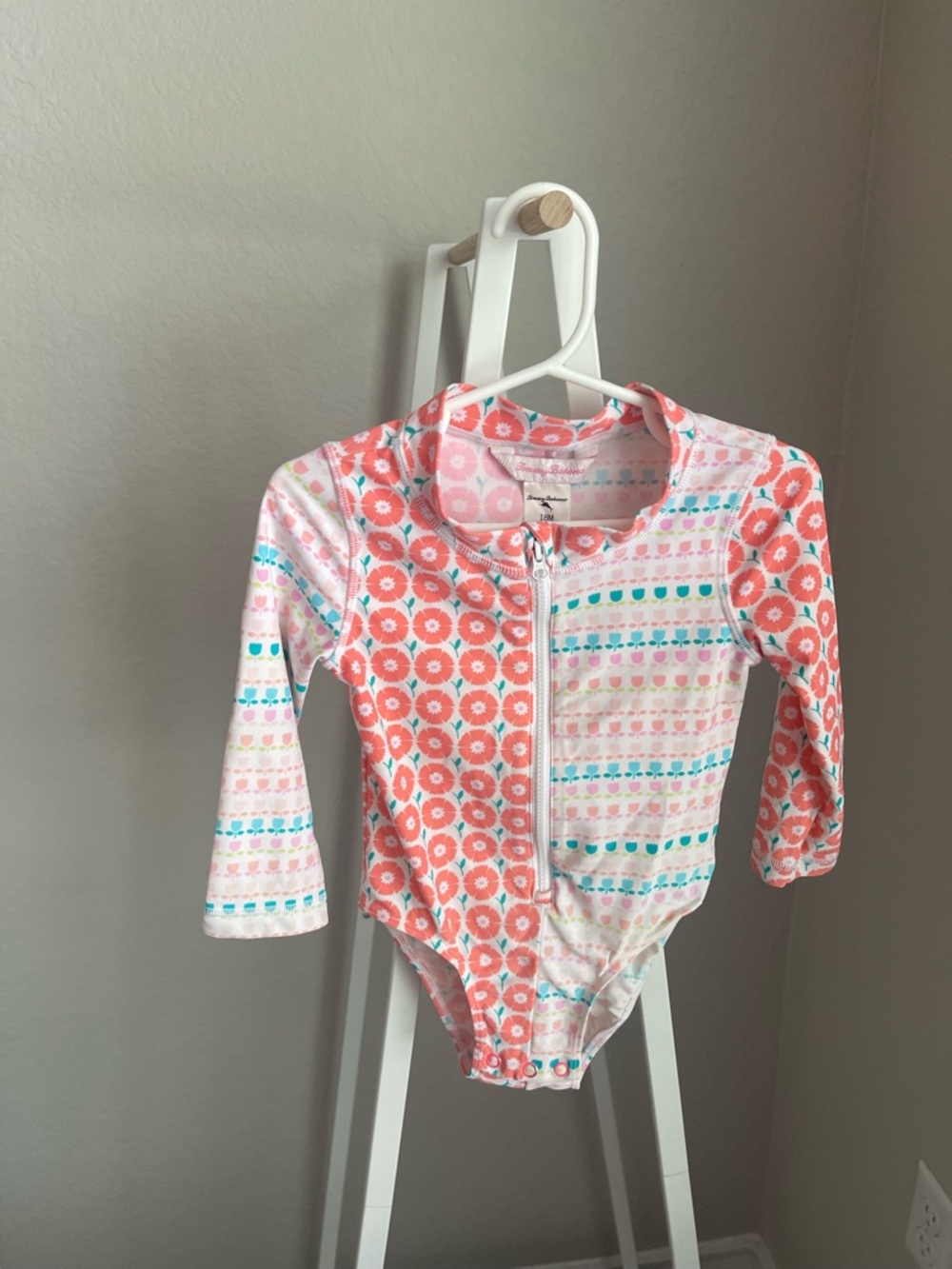 Tommy Bahama Girls’ Long-Sleeve One-Piece Swimsuit in Coral Floral 12-18 Months